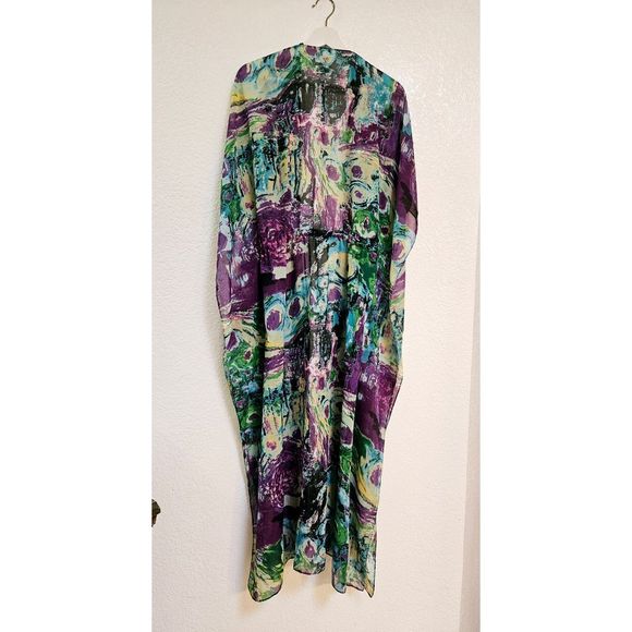 Tropical Kimono Multicolor Swim Cover Open Tie Front Duster One Size Fits Most - Picture 7 of 8